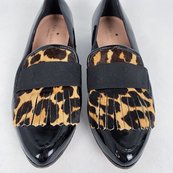 Kate Spade New York Cayla Patent Leather Fringe Leopard Print Loafers 7.5 - Picture 5 of 9
